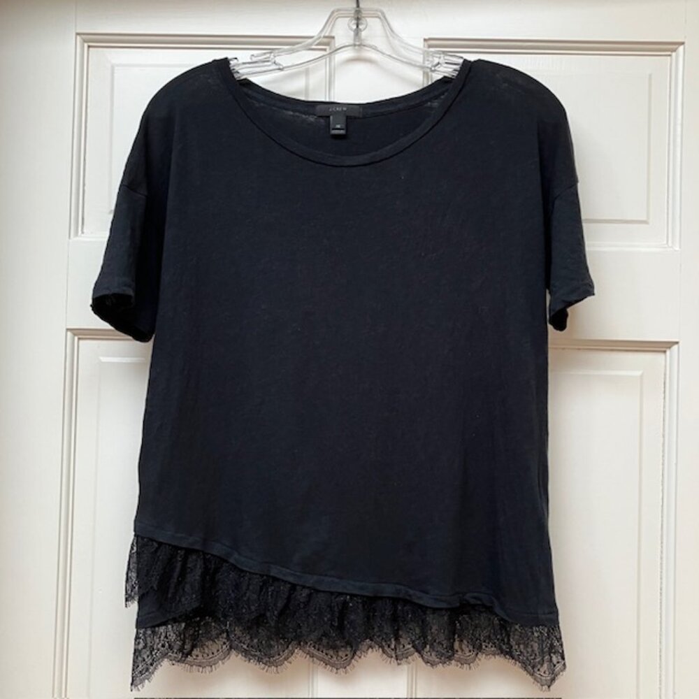 J. Crew Short Sleeve Black Tee with lace hem Size XS